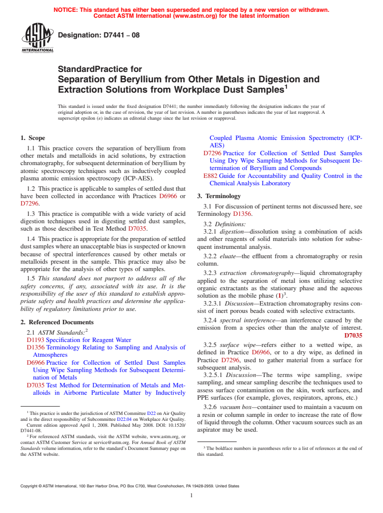 ASTM D7441-08 - Standard Practice for Separation of Beryllium from Other Metals in Digestion and Extraction Solutions from Workplace Dust Samples