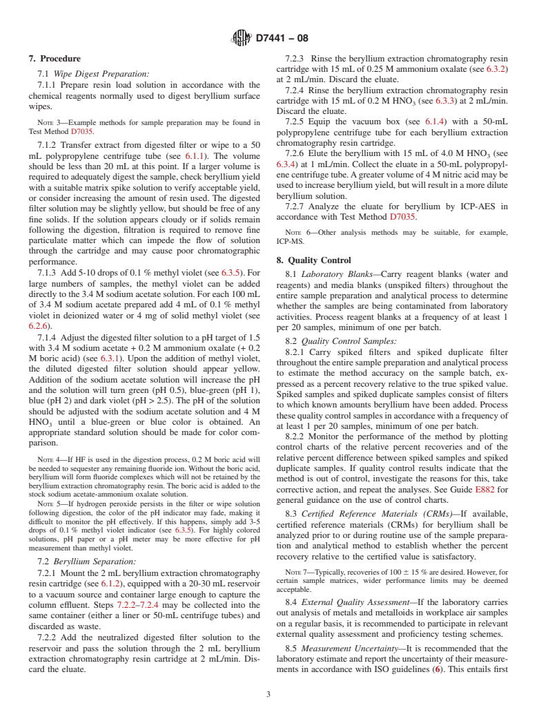 ASTM D7441-08 - Standard Practice for Separation of Beryllium from Other Metals in Digestion and Extraction Solutions from Workplace Dust Samples