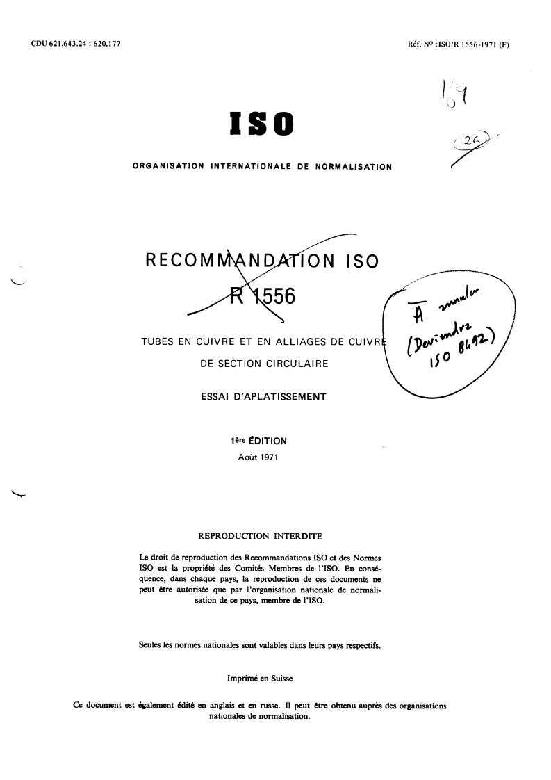 ISO/R 1556:1971 - Copper and copper alloy tubes of circular section — Flattening test
Released:8/1/1971