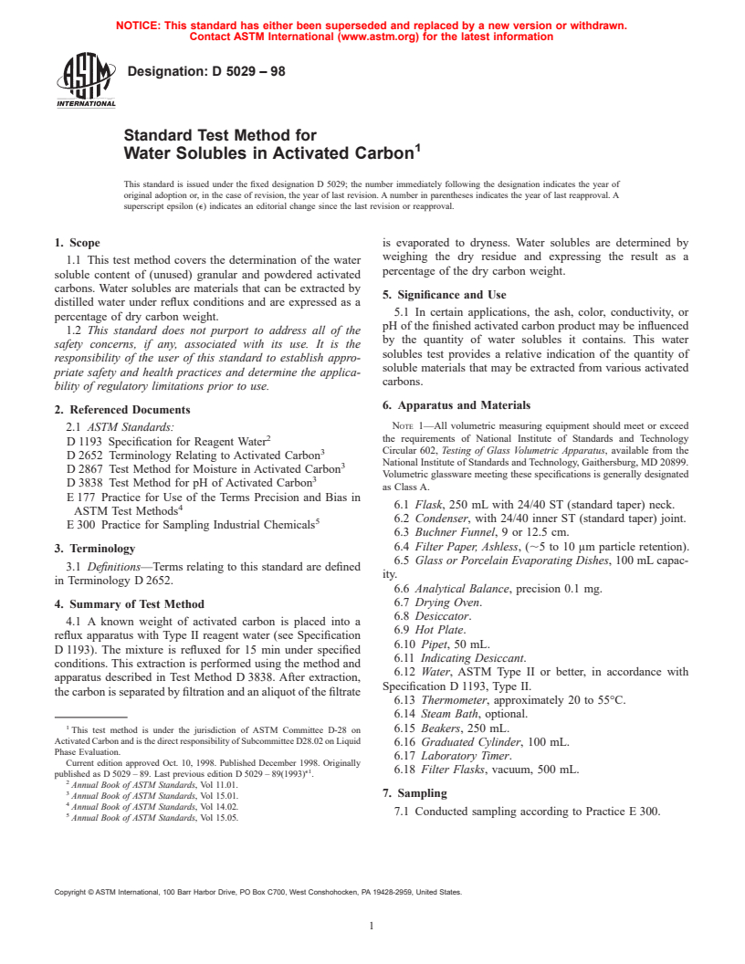 ASTM D5029-98 - Standard Test Method for Water Solubles in Activated Carbon