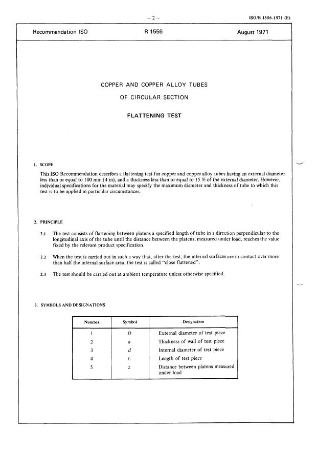 ISO/R 1556:1971 ISO/R 1556:1971 - Copper and copper alloy tubes of circular section -- Flattening test - Page 2 preview