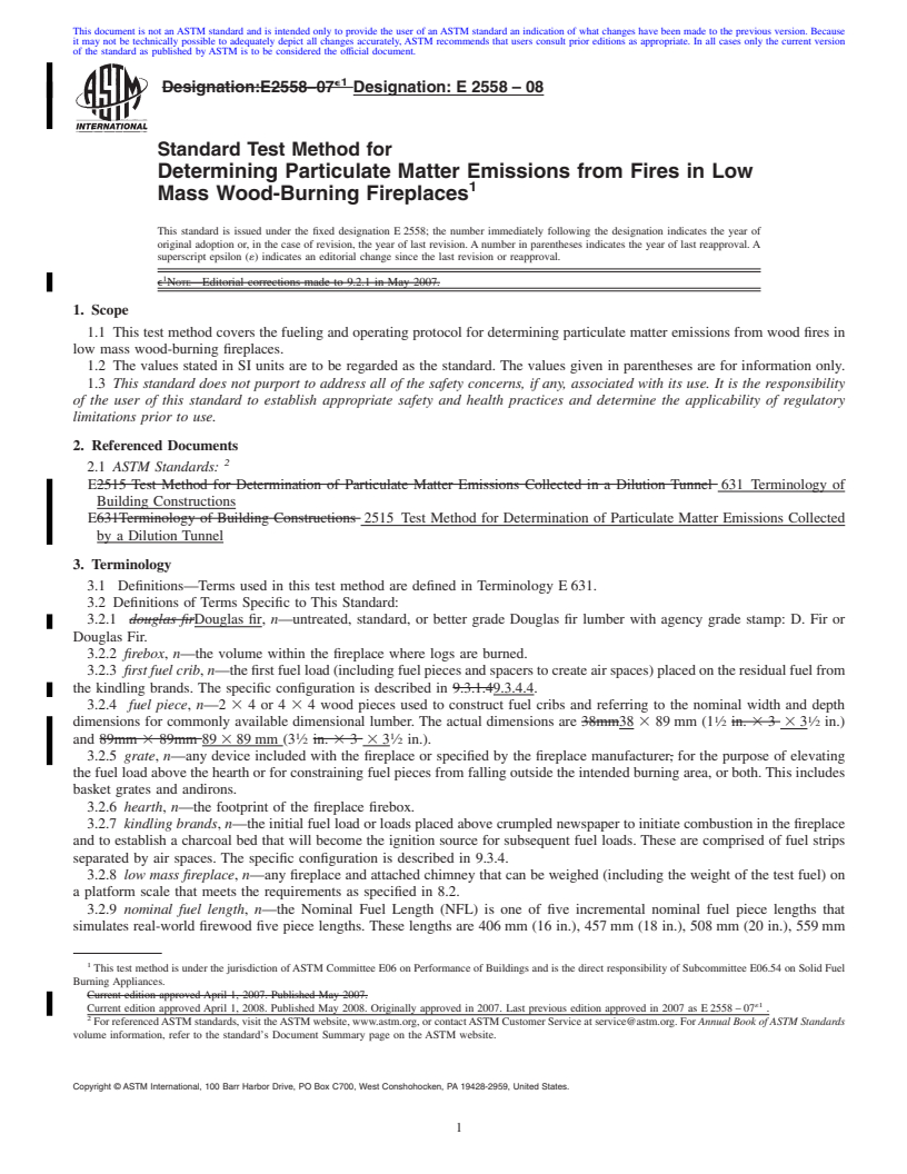 REDLINE ASTM E2558-08 - Standard Test Method for Determining Particulate Matter Emissions from Fires in Low Mass Wood-Burning Fireplaces