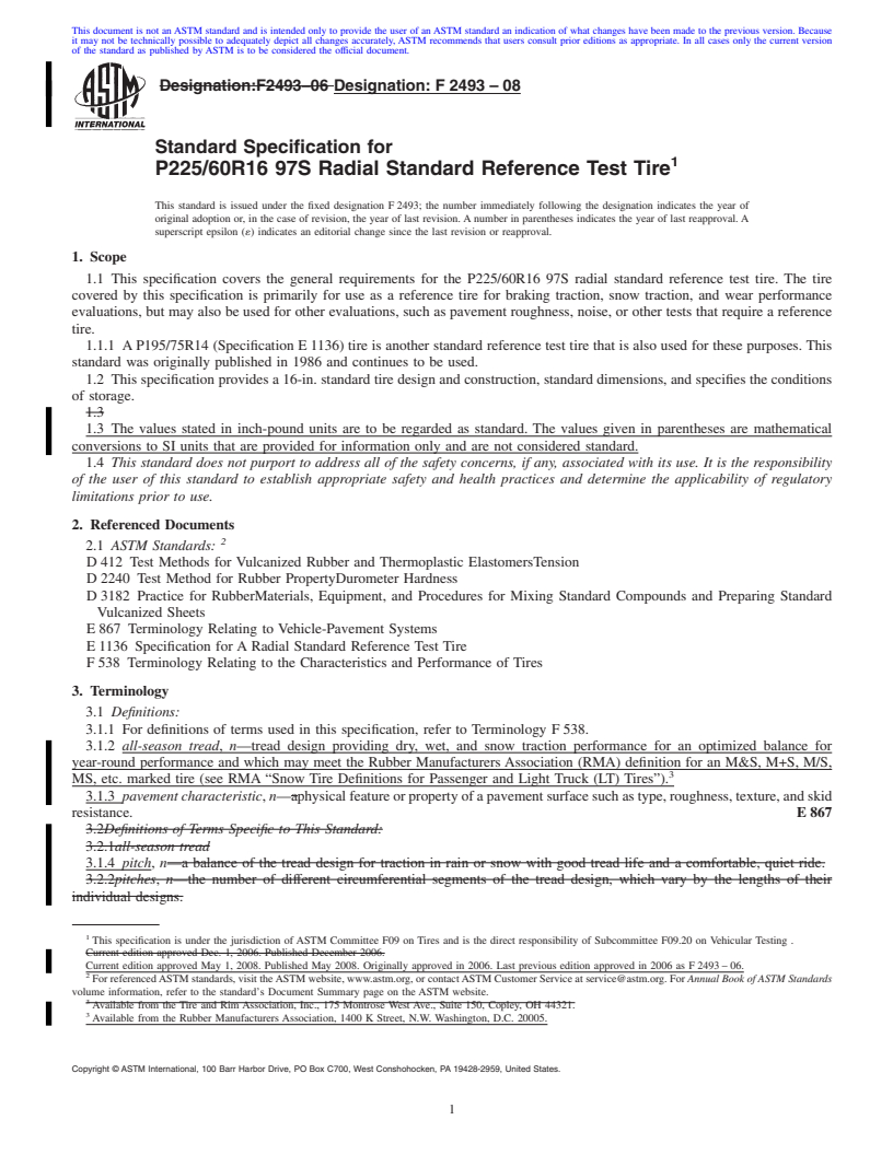 REDLINE ASTM F2493-08 - Standard Specification for P225/60R16 97S Radial Standard Reference Test Tire