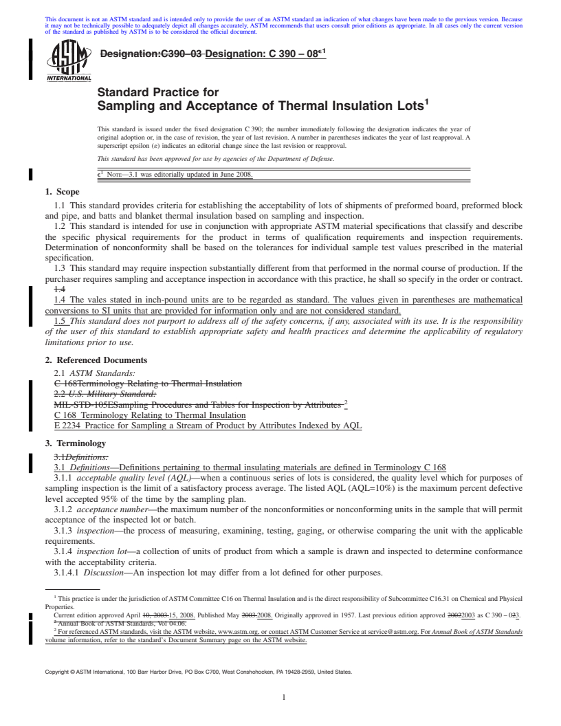REDLINE ASTM C390-08e1 - Standard Practice for  Sampling and Acceptance of Thermal Insulation Lots