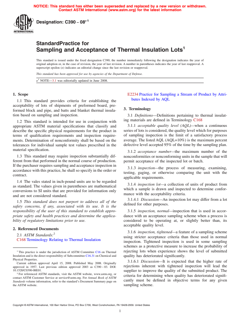ASTM C390-08e1 - Standard Practice for  Sampling and Acceptance of Thermal Insulation Lots