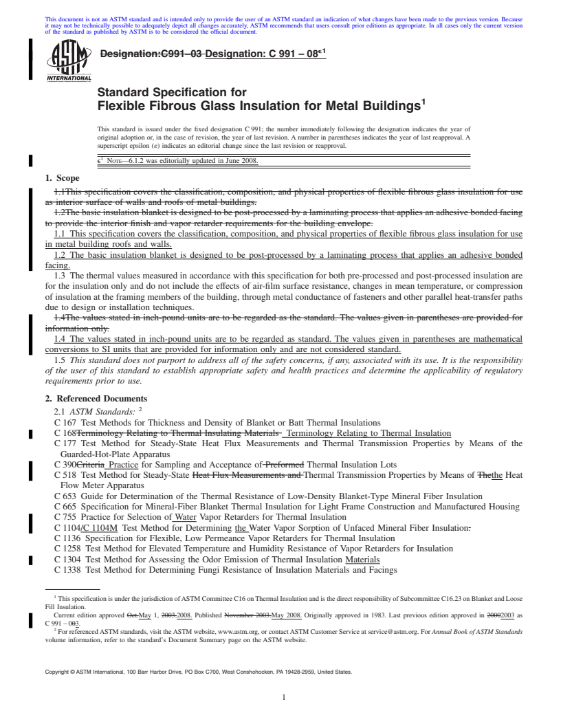 REDLINE ASTM C991-08e1 - Standard Specification for  Flexible Fibrous Glass Insulation for Metal Buildings