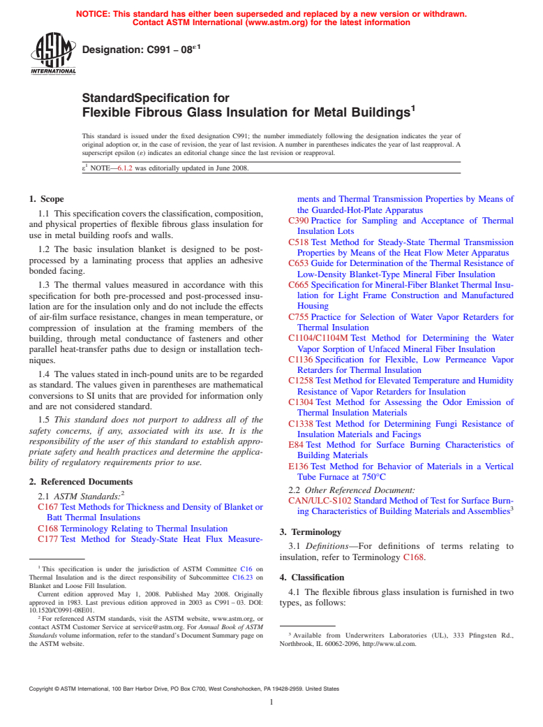 ASTM C991-08e1 - Standard Specification for  Flexible Fibrous Glass Insulation for Metal Buildings