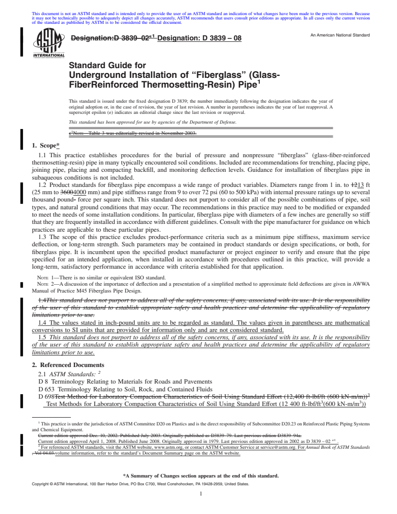 REDLINE ASTM D3839-08 - Standard Guide for Underground Installation of <span class='unicode'>&#x201C;</span>Fiberglass<span class='unicode'>&#x201D;</span> (Glass-FiberReinforced Thermosetting-Resin) Pipe