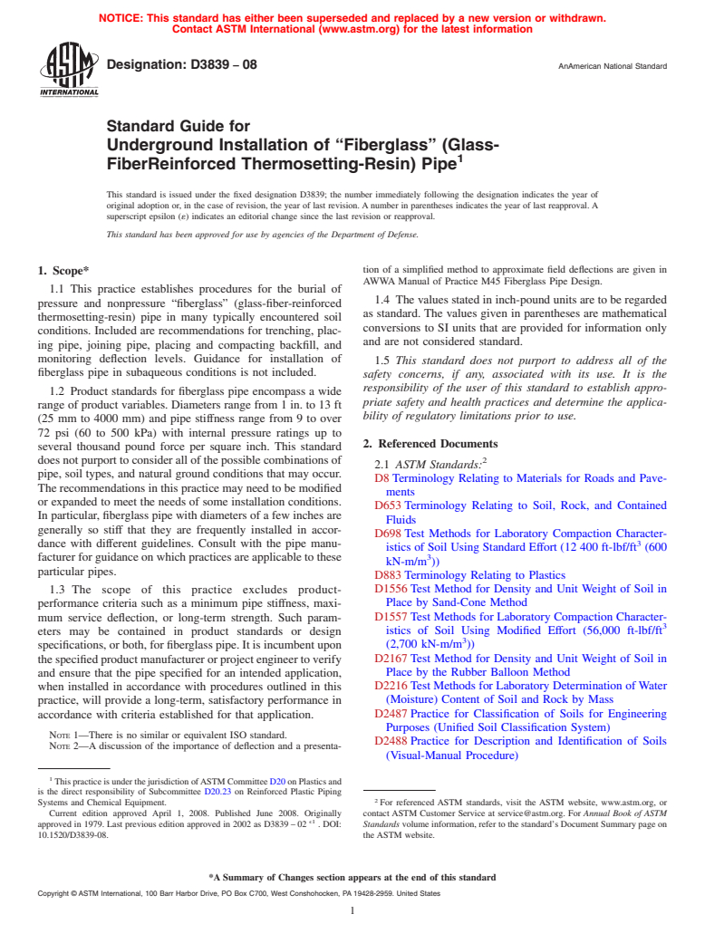 ASTM D3839-08 - Standard Guide for Underground Installation of <span class='unicode'>&#x201C;</span>Fiberglass<span class='unicode'>&#x201D;</span> (Glass-FiberReinforced Thermosetting-Resin) Pipe