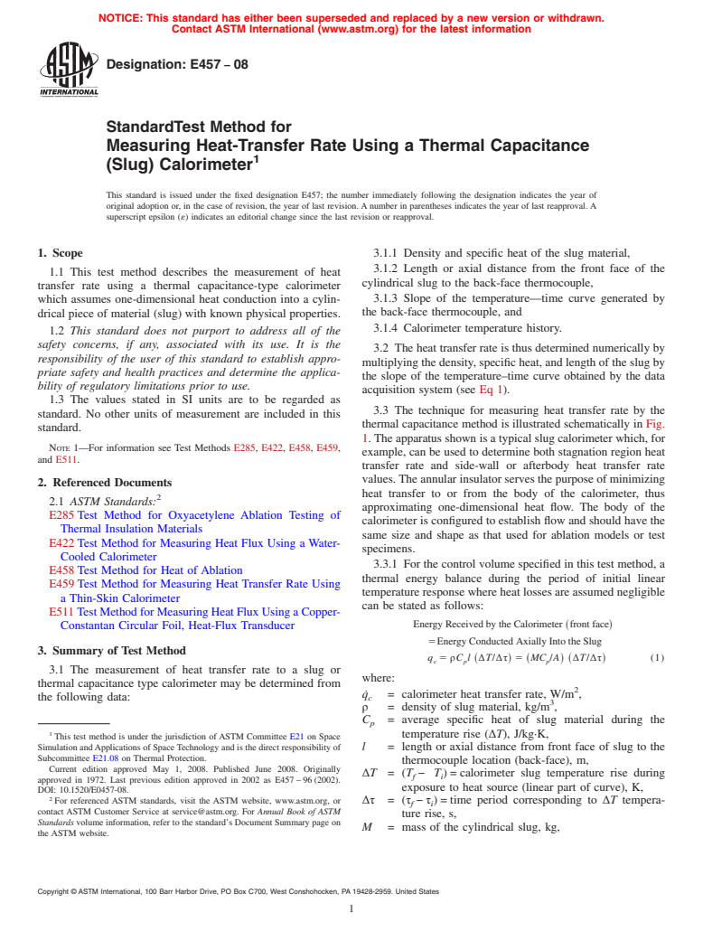 ASTM E457-08 - Standard Test Method for  Measuring Heat-Transfer Rate Using a Thermal Capacitance (Slug) Calorimeter
