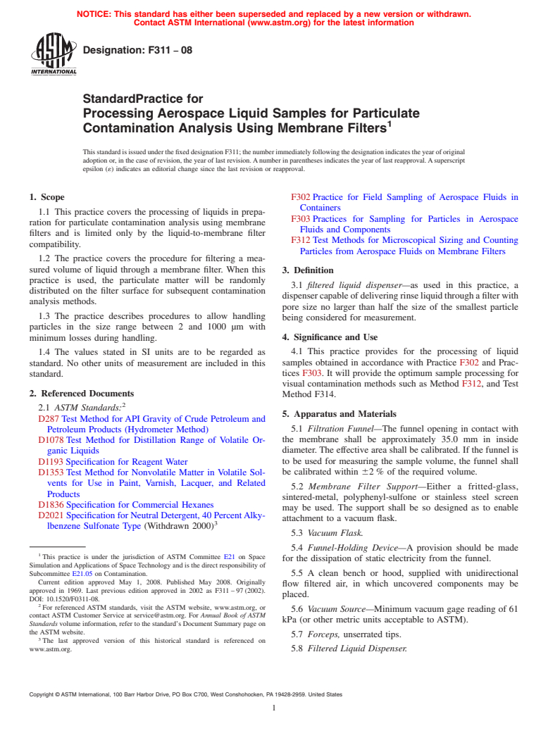 ASTM F311-08 - Standard Practice for  Processing Aerospace Liquid Samples for Particulate Contamination Analysis Using Membrane Filters