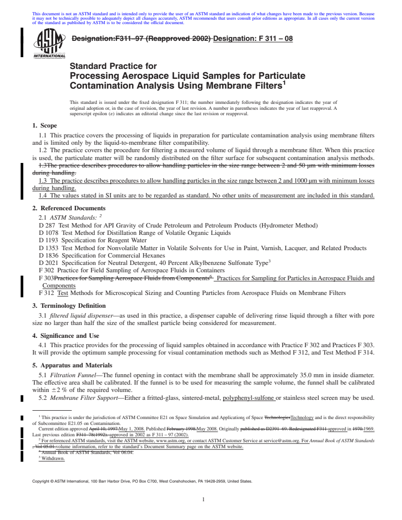 REDLINE ASTM F311-08 - Standard Practice for  Processing Aerospace Liquid Samples for Particulate Contamination Analysis Using Membrane Filters