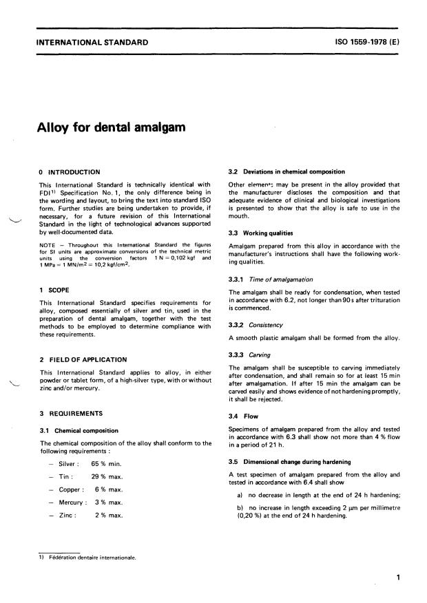 ISO 1559:1978 - Alloy for dental amalgam