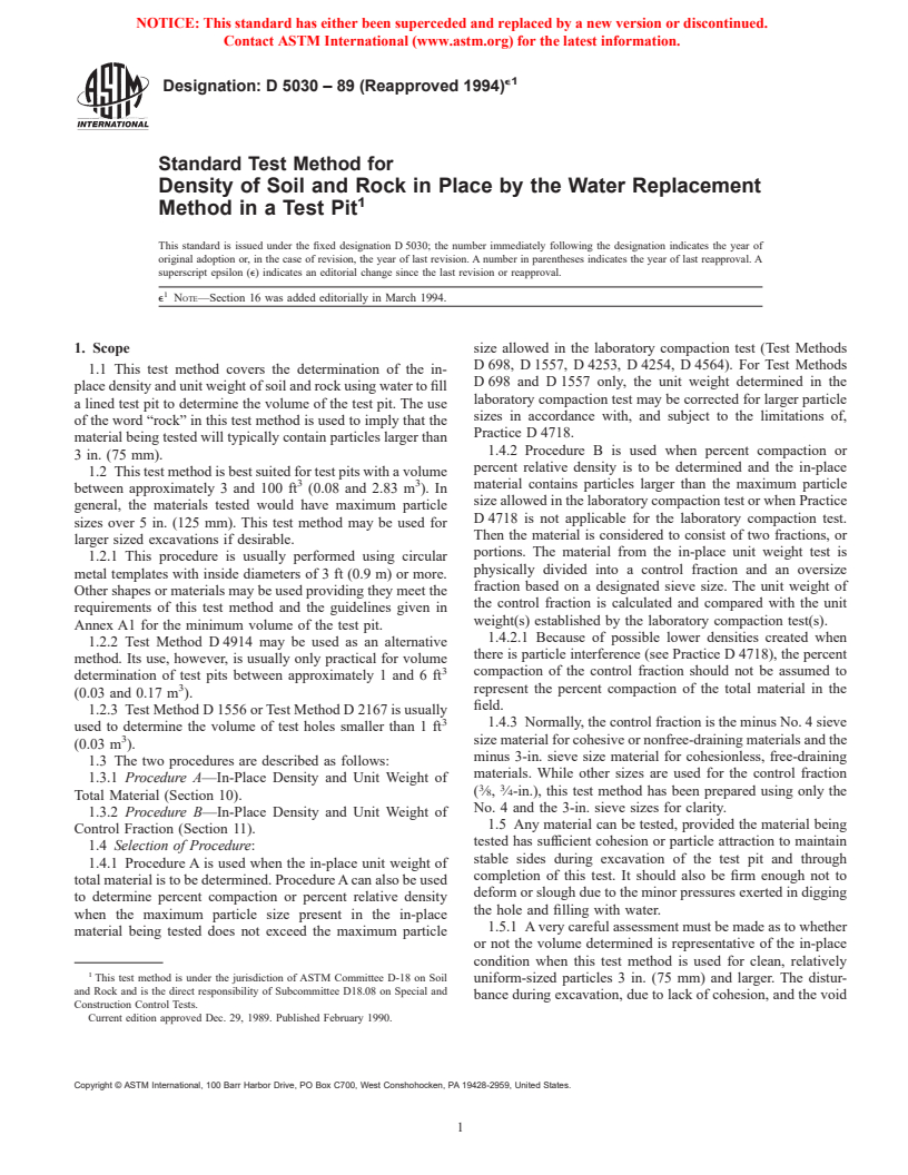 ASTM D5030-89(1994)e1 - Standard Test Method for Density of Soil and Rock in Place by the Water Replacement Method in a Test Pit (Withdrawn 2003)