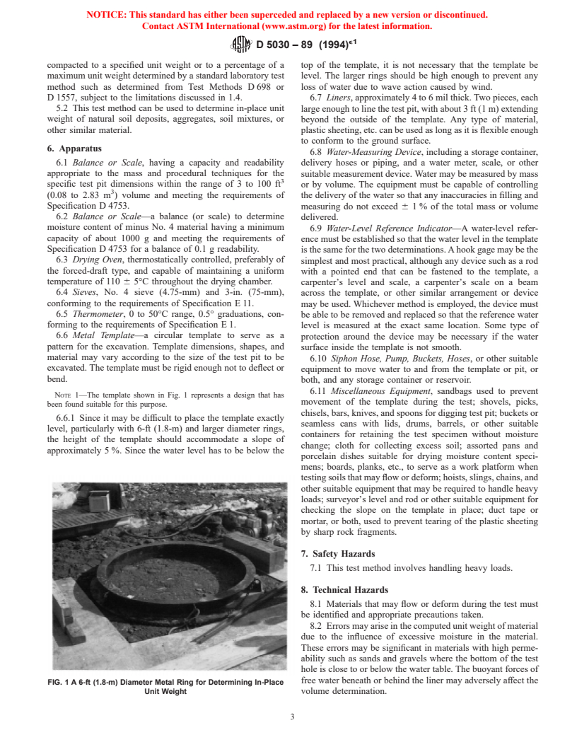 ASTM D5030-89(1994)e1 - Standard Test Method for Density of Soil and Rock in Place by the Water Replacement Method in a Test Pit (Withdrawn 2003)