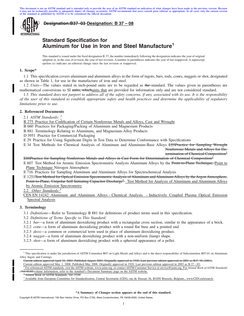 REDLINE ASTM B37-08 - Standard Specification for  Aluminum for Use in Iron and Steel Manufacture