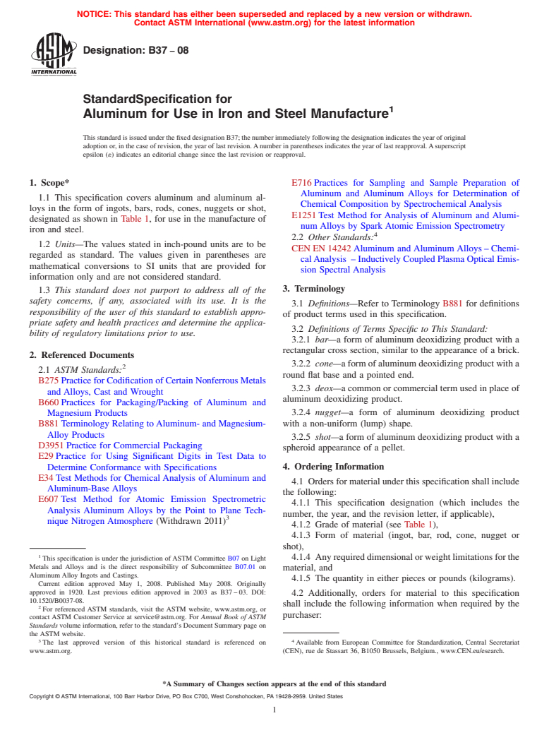 ASTM B37-08 - Standard Specification for  Aluminum for Use in Iron and Steel Manufacture