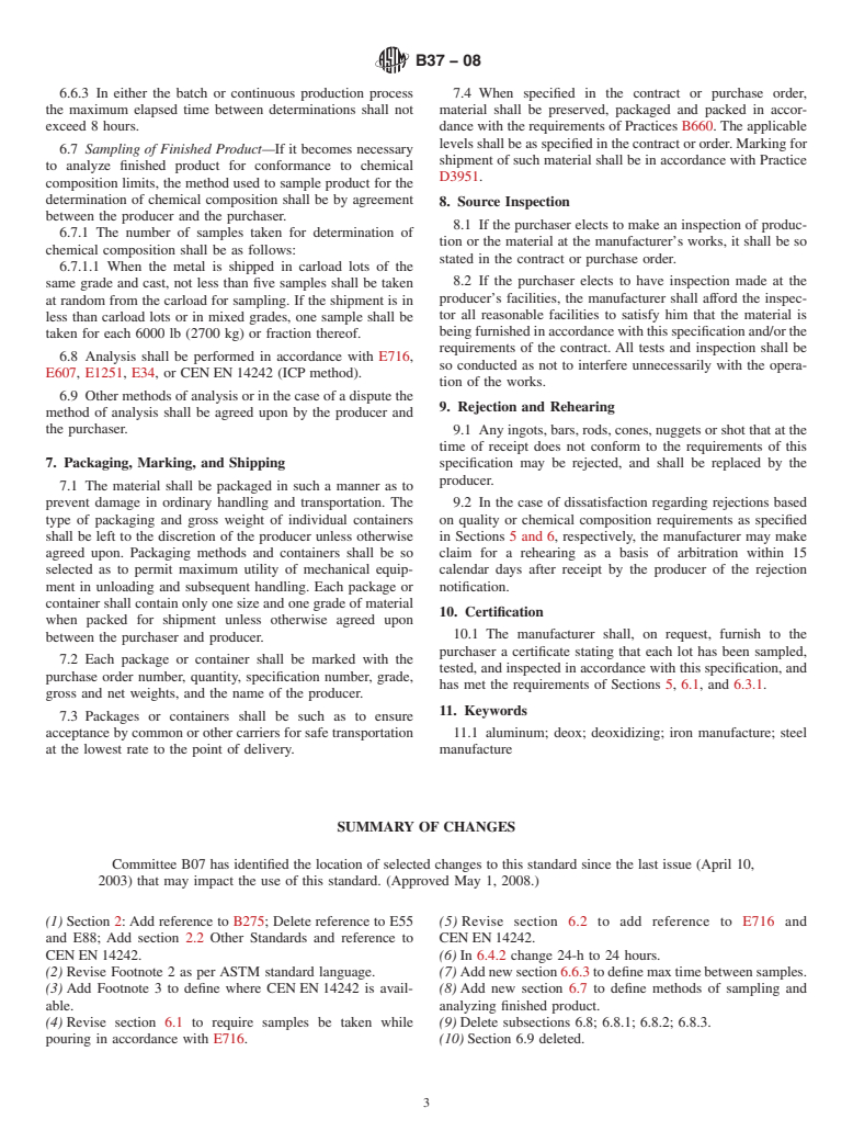 ASTM B37-08 - Standard Specification for  Aluminum for Use in Iron and Steel Manufacture