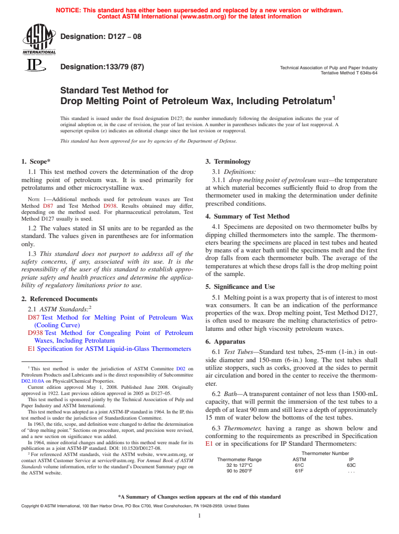 ASTM D127-08 - Standard Test Method for Drop Melting Point of Petroleum Wax, Including Petrolatum