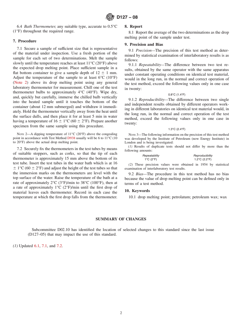 ASTM D127-08 - Standard Test Method for Drop Melting Point of Petroleum Wax, Including Petrolatum