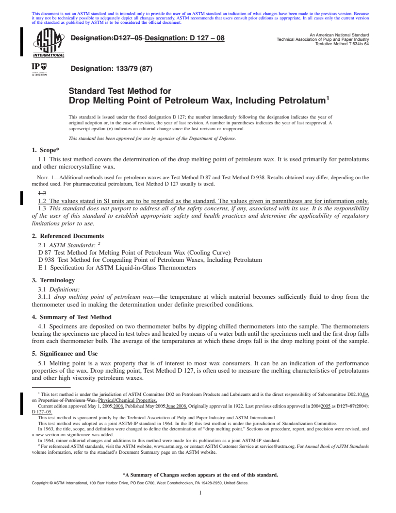 REDLINE ASTM D127-08 - Standard Test Method for Drop Melting Point of Petroleum Wax, Including Petrolatum