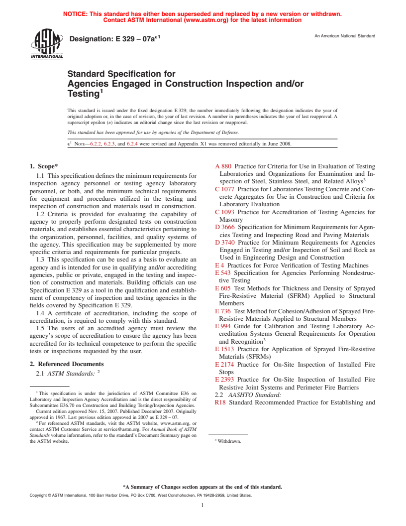 ASTM E329-07ae1 - Standard Specification for Agencies Engaged in Construction Inspection and/or Testing