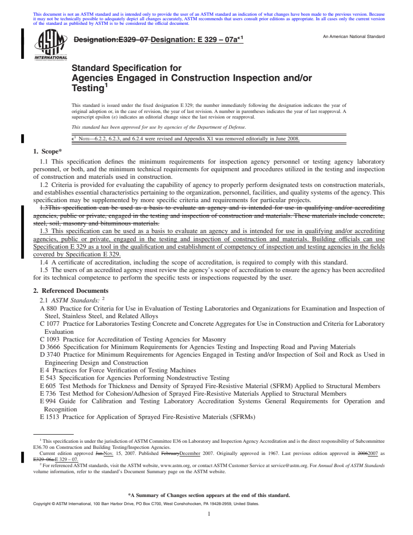 REDLINE ASTM E329-07ae1 - Standard Specification for Agencies Engaged in Construction Inspection and/or Testing