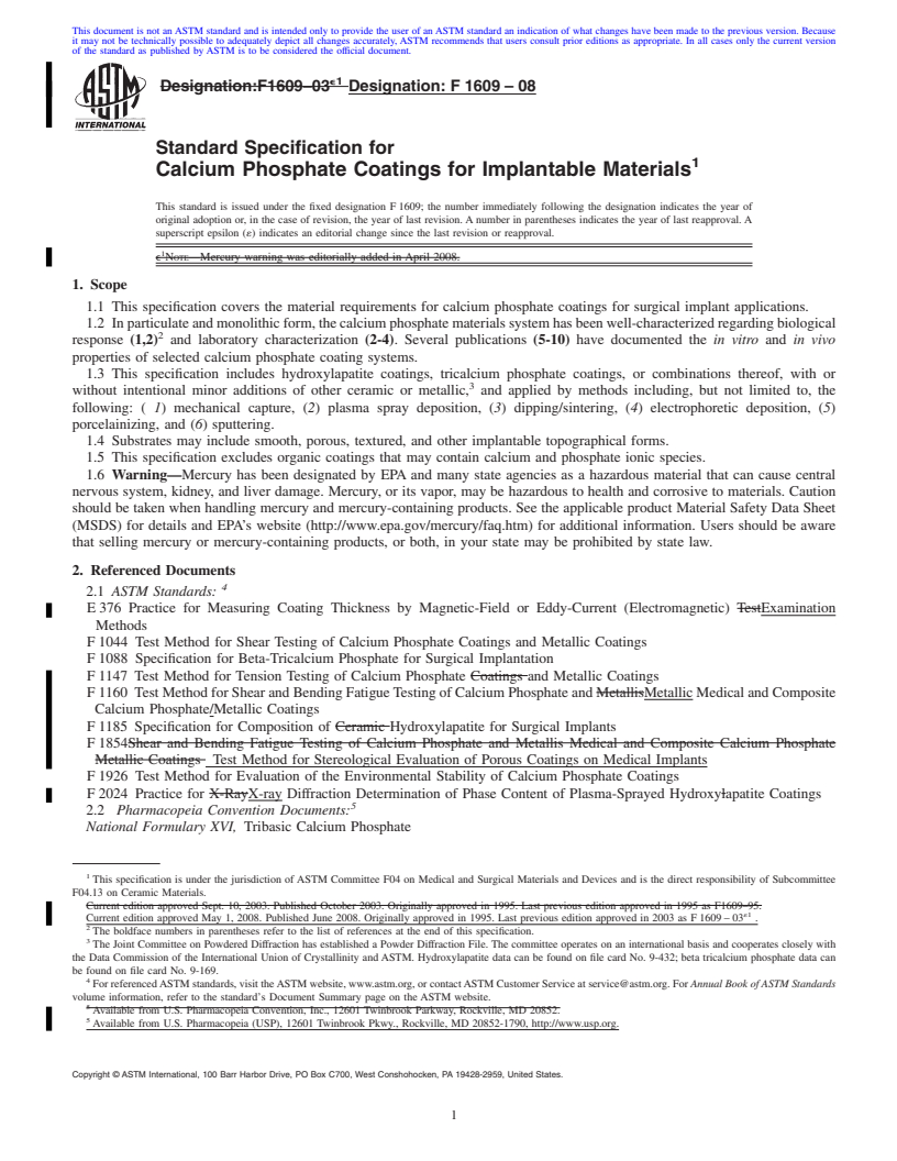 REDLINE ASTM F1609-08 - Standard Specification for  Calcium Phosphate Coatings for Implantable Materials