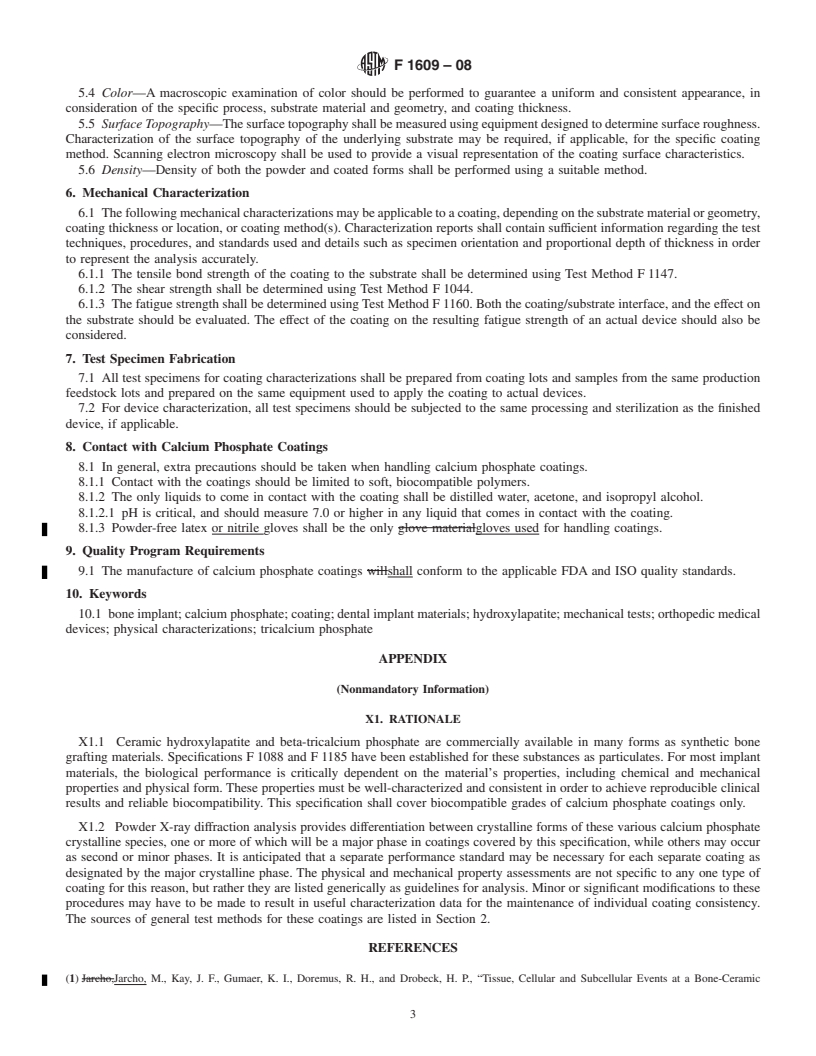 REDLINE ASTM F1609-08 - Standard Specification for  Calcium Phosphate Coatings for Implantable Materials