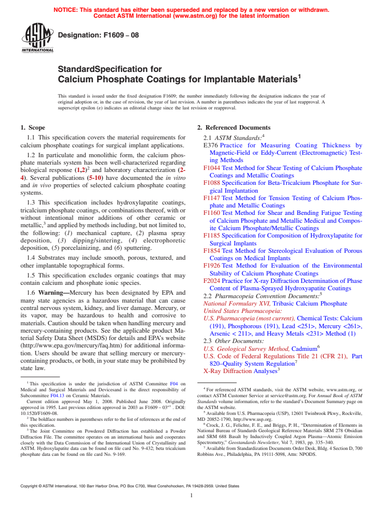 ASTM F1609-08 - Standard Specification for  Calcium Phosphate Coatings for Implantable Materials