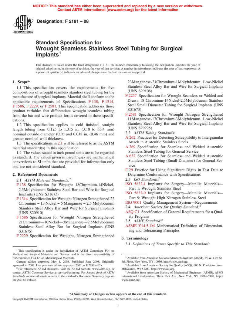 ASTM F2181-08 - Standard Specification for Wrought Seamless Stainless Steel Tubing for Surgical Implants