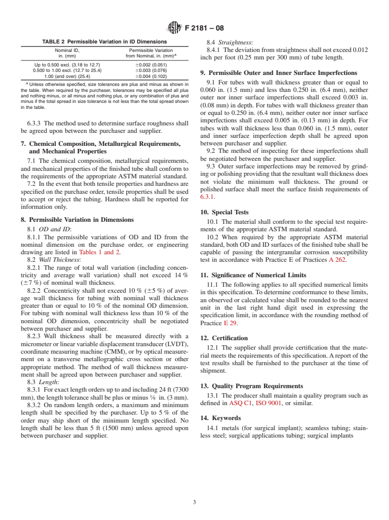 ASTM F2181-08 - Standard Specification for Wrought Seamless Stainless Steel Tubing for Surgical Implants