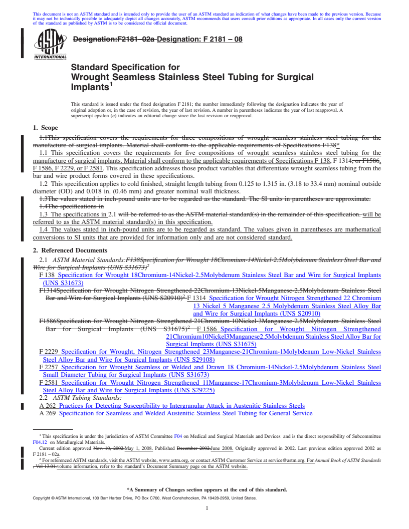 REDLINE ASTM F2181-08 - Standard Specification for Wrought Seamless Stainless Steel Tubing for Surgical Implants