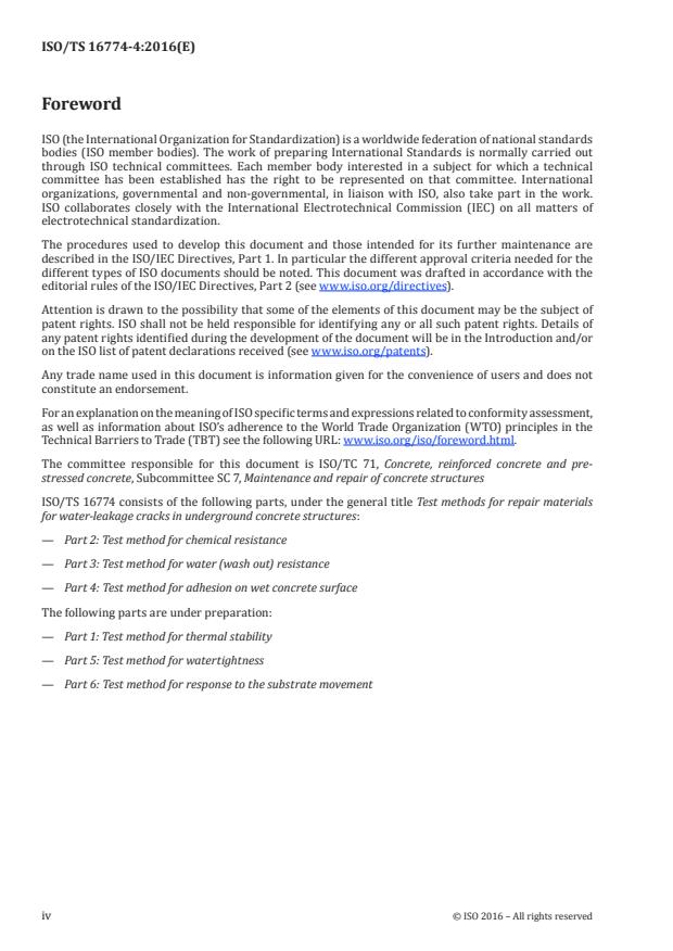 ISO/TS 16774-4:2016 ISO/TS 16774-4:2016 - Test methods for repair materials for water-leakage cracks in underground concrete structures - Page 4 preview
