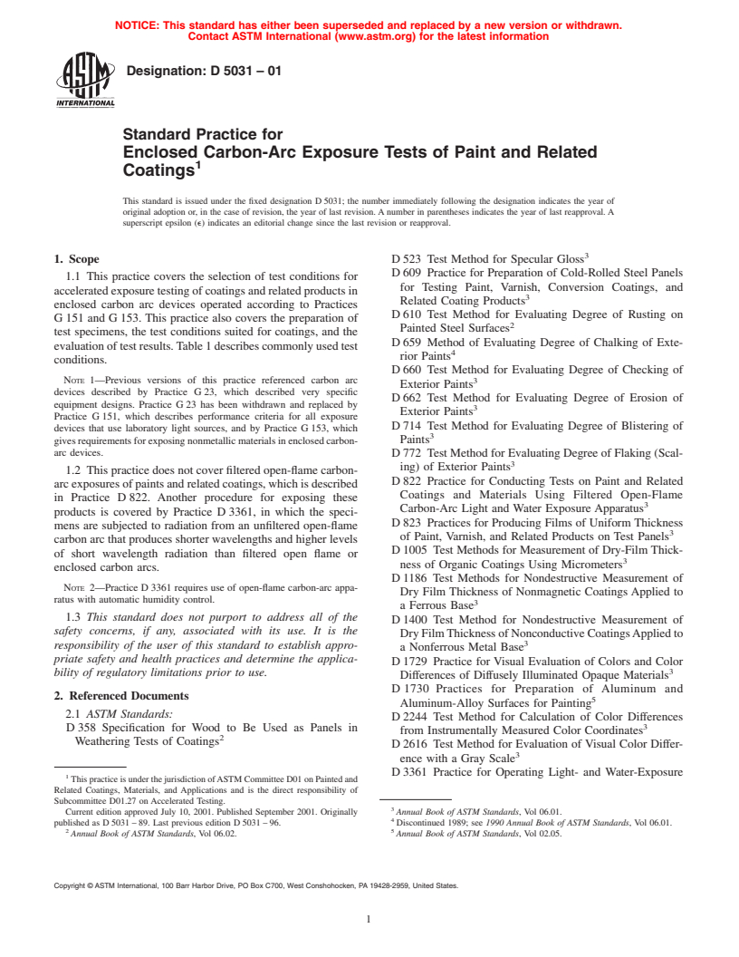 ASTM D5031-01 - Standard Practice for Enclosed Carbon-Arc Exposure Tests of Paint and Related Coatings