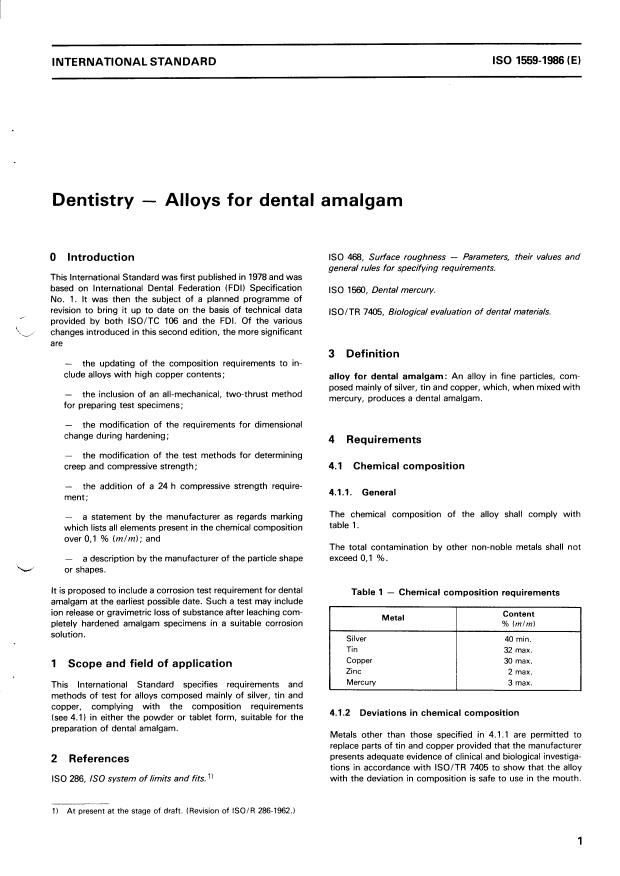 ISO 1559:1986 - Dentistry -- Alloys for dental amalgam