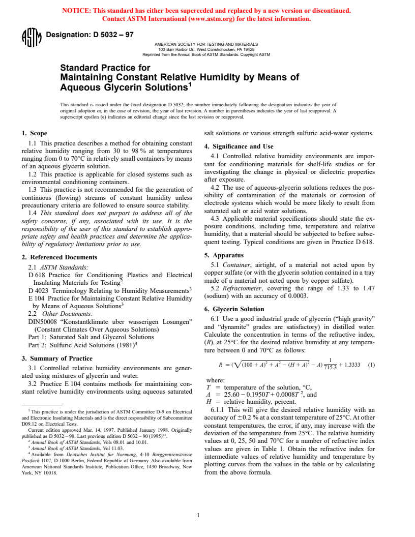 ASTM D5032-97 - Standard Practice for Maintaining Constant Relative Humidity by Means of Aqueous Glycerin Solutions