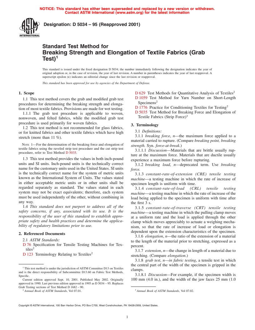 ASTM D5034-95(2001) - Standard Test Method for Breaking Strength and Elongation of Textile Fabrics (Grab Test)