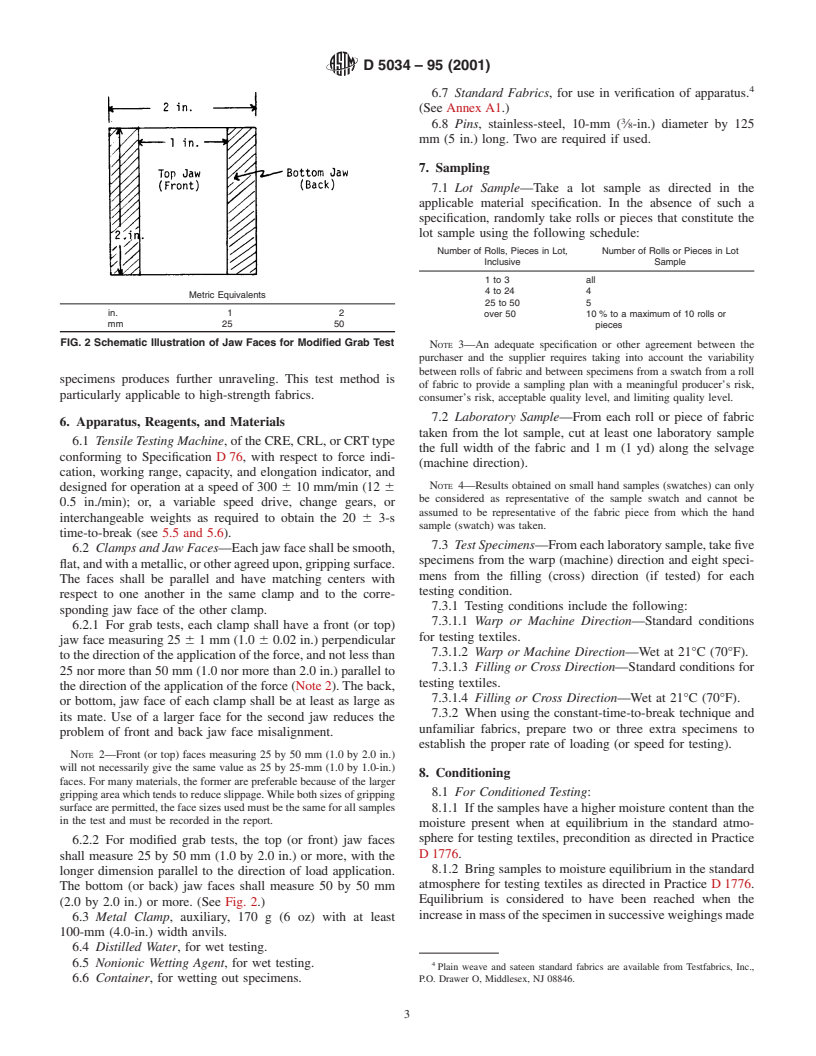 ASTM D5034-95(2001) - Standard Test Method for Breaking Strength and Elongation of Textile Fabrics (Grab Test)