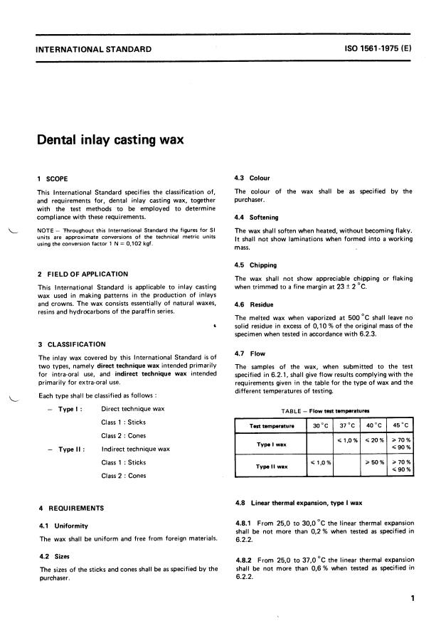 ISO 1561:1975 - Dental inlay casting wax