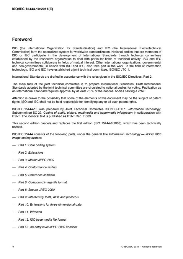 ISO/IEC 15444-10:2011 ISO/IEC 15444-10:2011 - Information technology -- JPEG 2000 image coding system: Extensions for three-dimensional data - Page 4 preview