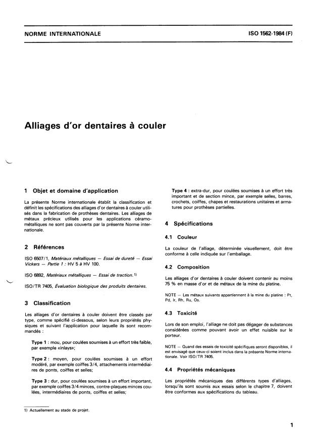 ISO 1562:1984 - Alliages d'or dentaires a couler