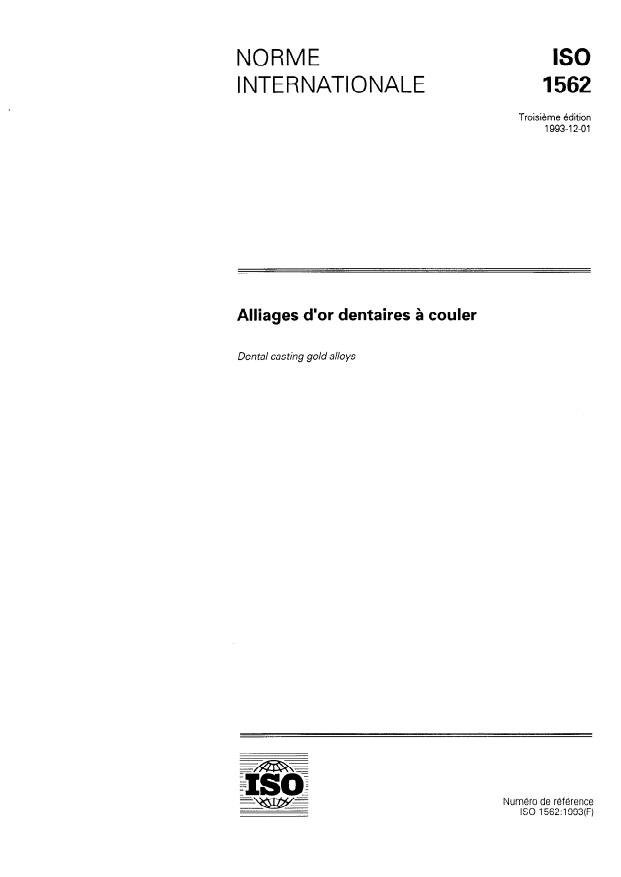 ISO 1562:1993 - Alliages d'or dentaires a couler