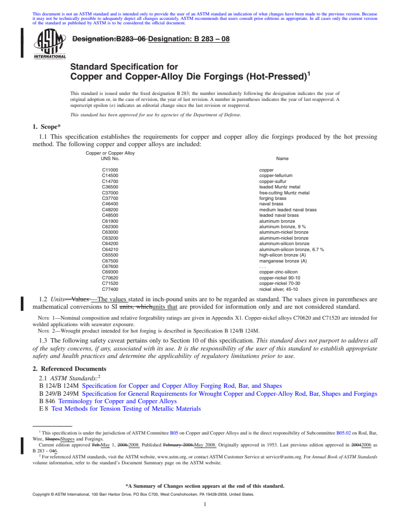 REDLINE ASTM B283-08 - Standard Specification for  Copper and Copper-Alloy Die Forgings (Hot-Pressed)