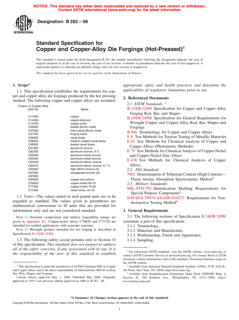 ASTM B283-08 - Standard Specification for  Copper and Copper-Alloy Die Forgings (Hot-Pressed)