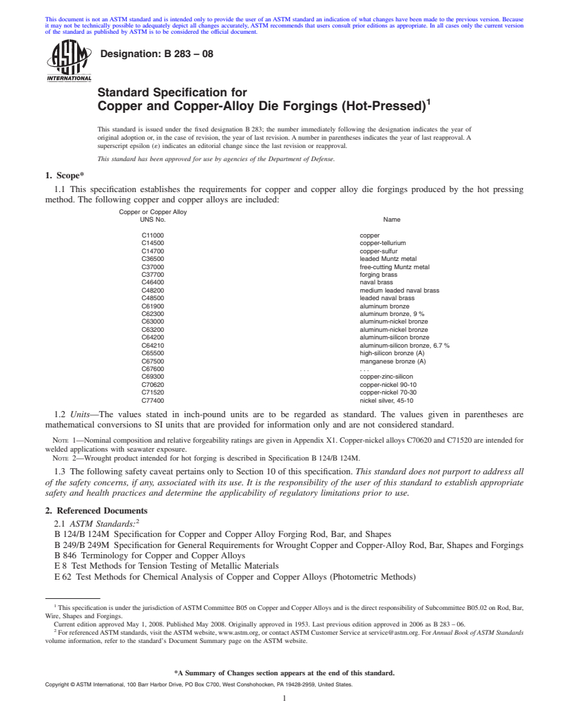 REDLINE ASTM B283-08 - Standard Specification for  Copper and Copper-Alloy Die Forgings (Hot-Pressed)