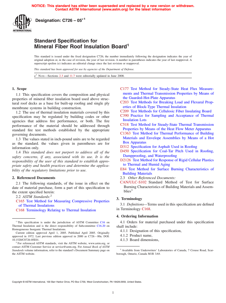 ASTM C726-05e1 - Standard Specification for Mineral Fiber Roof Insulation Board