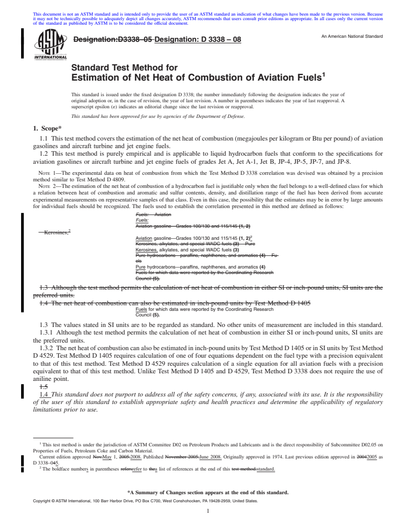 REDLINE ASTM D3338-08 - Standard Test Method for Estimation of Net Heat of Combustion of Aviation Fuels