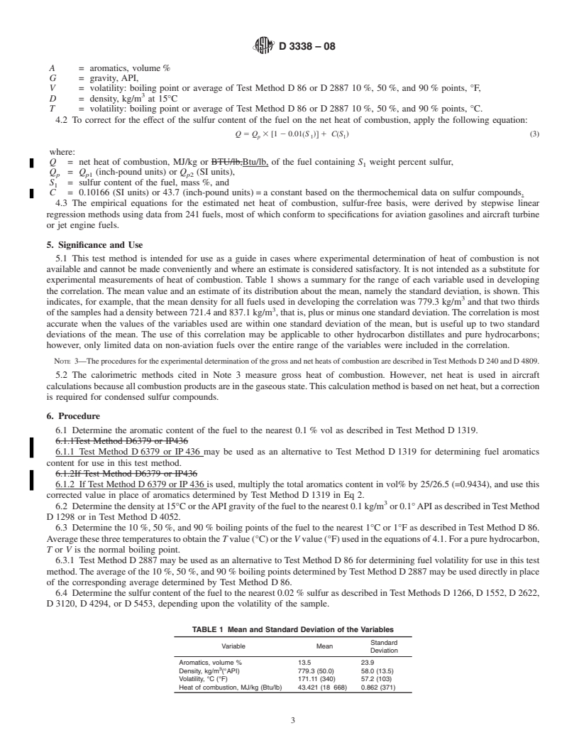 REDLINE ASTM D3338-08 - Standard Test Method for Estimation of Net Heat of Combustion of Aviation Fuels