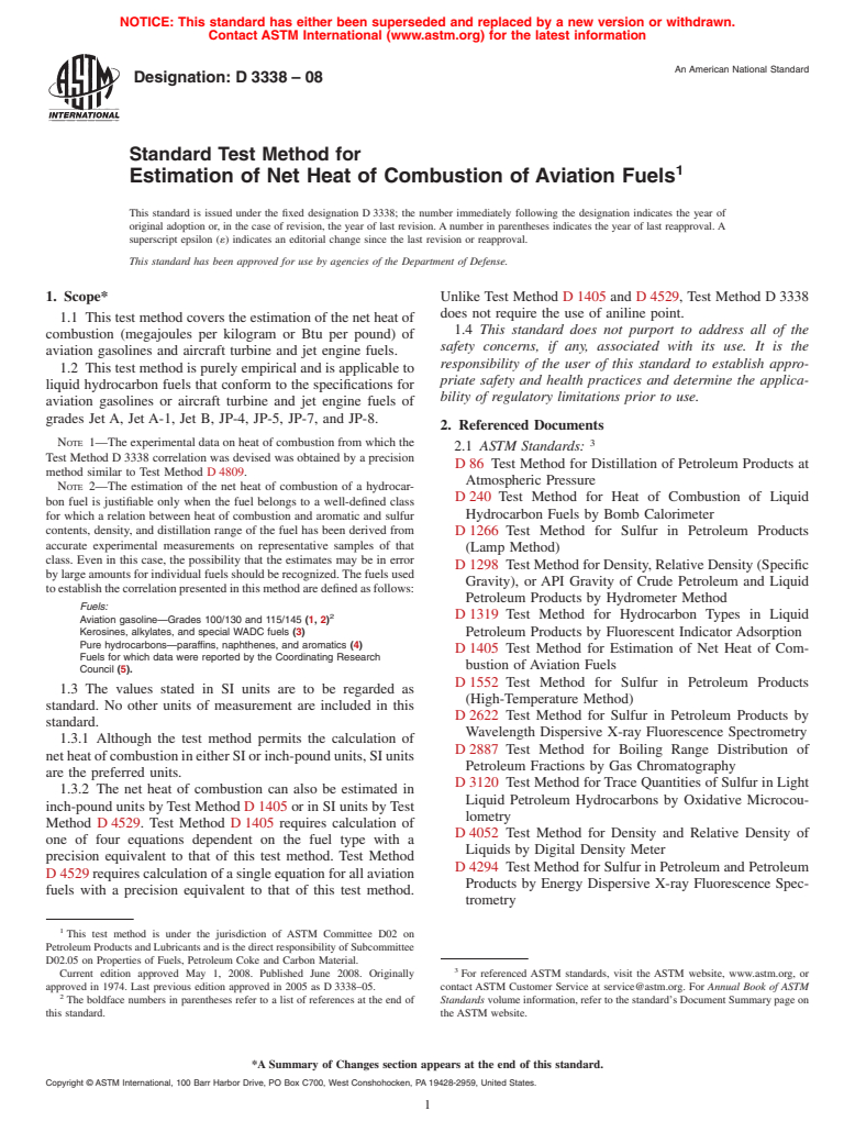 ASTM D3338-08 - Standard Test Method for Estimation of Net Heat of Combustion of Aviation Fuels